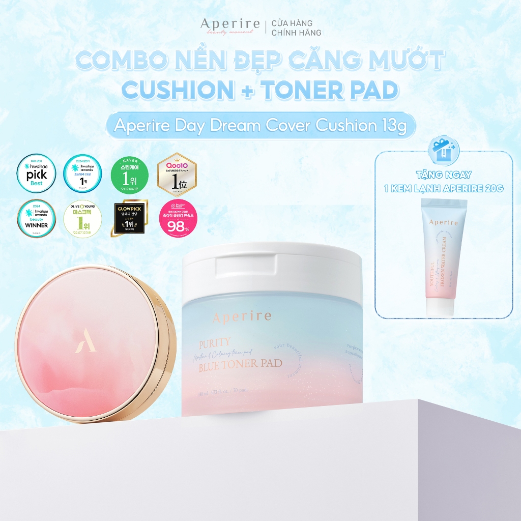 COMBO Cushion Chống Nắng Che Phủ + Toner Pad Cấp Ẩm APERIRE Giúp Nền Đẹp Căng Mướt