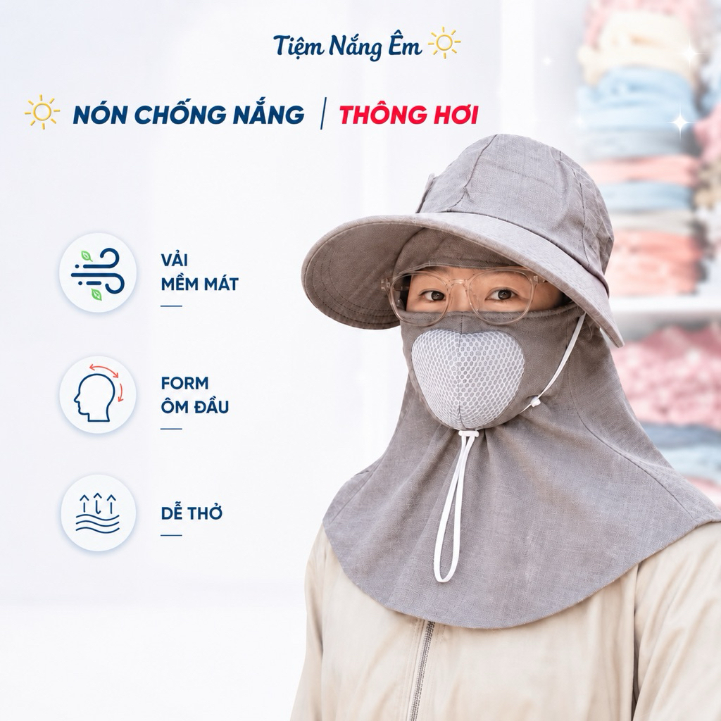 Nón Mũ Chống Nắng Vành To Dây Rút Thông Hơi Vải Mềm, Miếng Dán/Dây Kéo