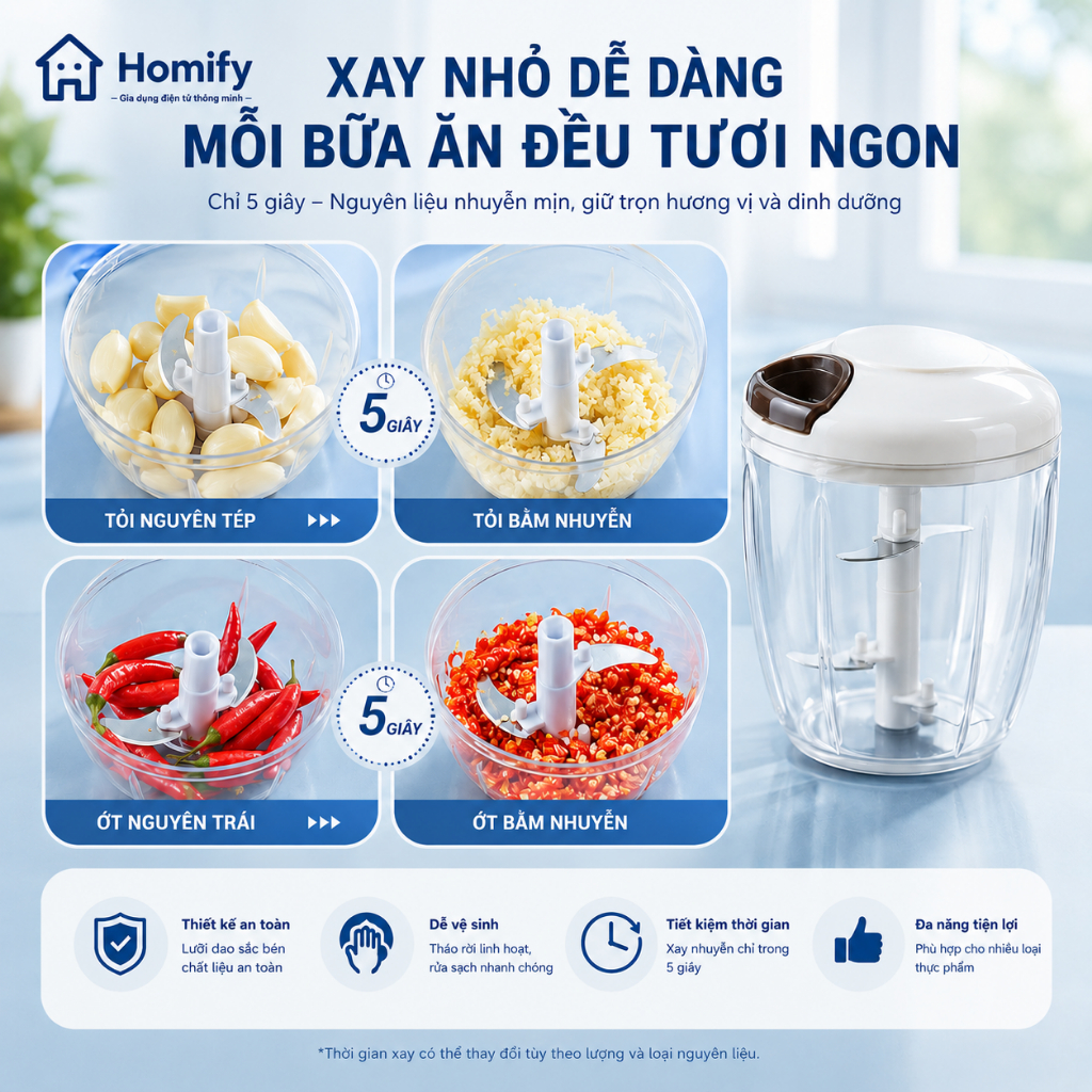 Dụng Cụ Xay Tỏi Ớt Homify 5 Lưỡi Inox Cao Cấp – Máy Xay Cầm Tay Mini Đa Năng Tiện Lợi