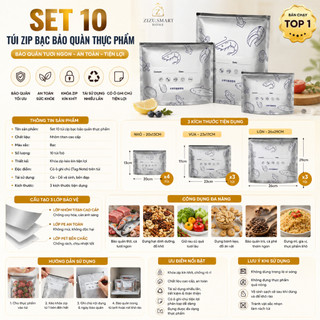Set 10 Túi zip bạc đựng thực phẩm tươi sống, chất liệu nhôm titan có khoá tiện lợi, tái sử dụng