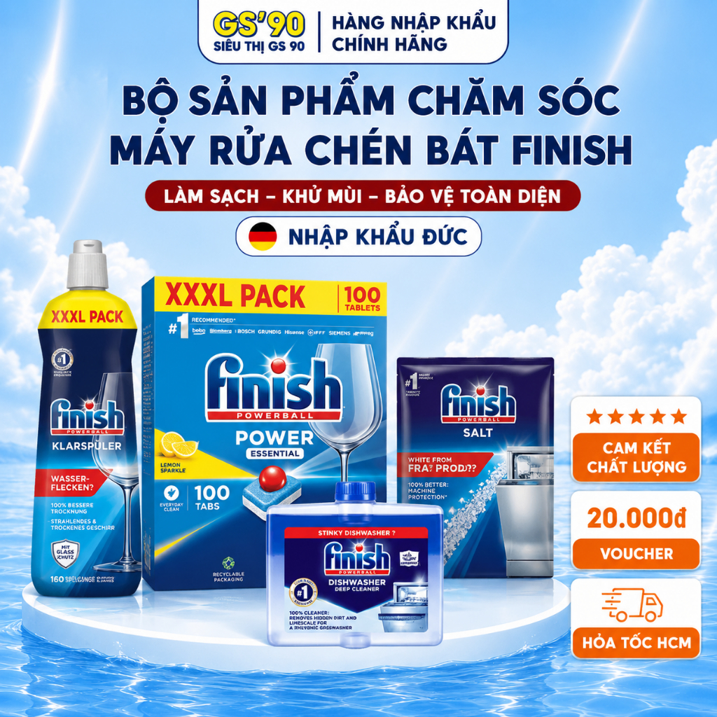 [TẶNG BÌNH GIỮ NHIỆT] Bộ Sản Phẩm Finish Muối Rửa Bát, Nước Làm Bóng, Viên Rửa Và Dung Dịch Vệ Sinh Máy Nhập Khẩu Đức
