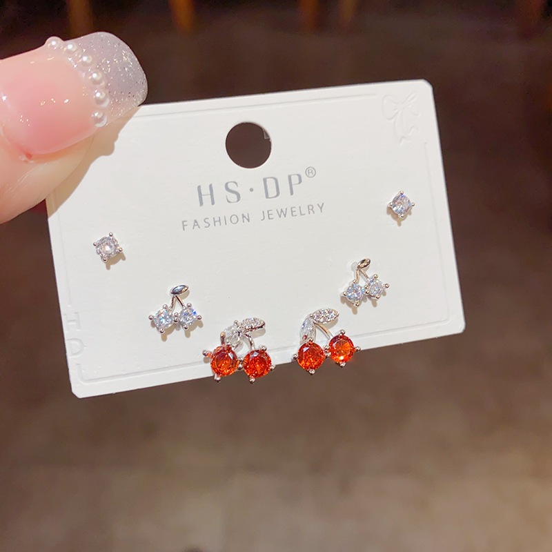 V.I.T Accessories | Set bông tai cherry đỏ đính đá 6 chiếc (2 màu)