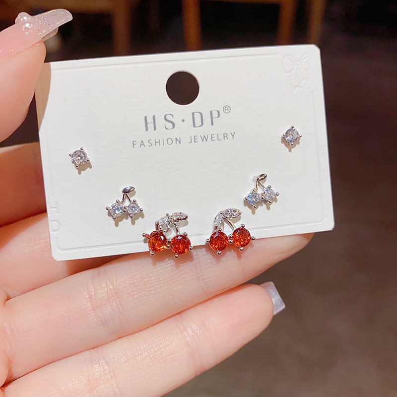 V.I.T Accessories | Set bông tai cherry đỏ đính đá 6 chiếc (2 màu)