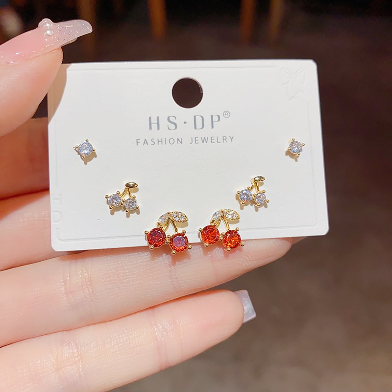 V.I.T Accessories | Set bông tai cherry đỏ đính đá 6 chiếc (2 màu)
