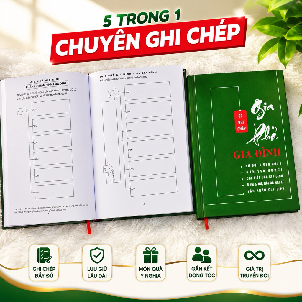 Sổ tay ghi chép chuyên dụng gia phả dòng tộc và gia đình với 200 người và 12 đời