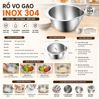 Rổ Vo Gạo Inox 304 Cao Cấp – Thép Không Gỉ An Toàn, Rổ Rửa Rau Hoa Quả Có Lỗ Thoát Nước Tiện Lợi