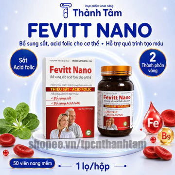 (Chai 50v) Viên uống FEVITT NANO 50V bổ sung sắt, acid folic, bổ máu, cải thiện tình trạng thiếu máu