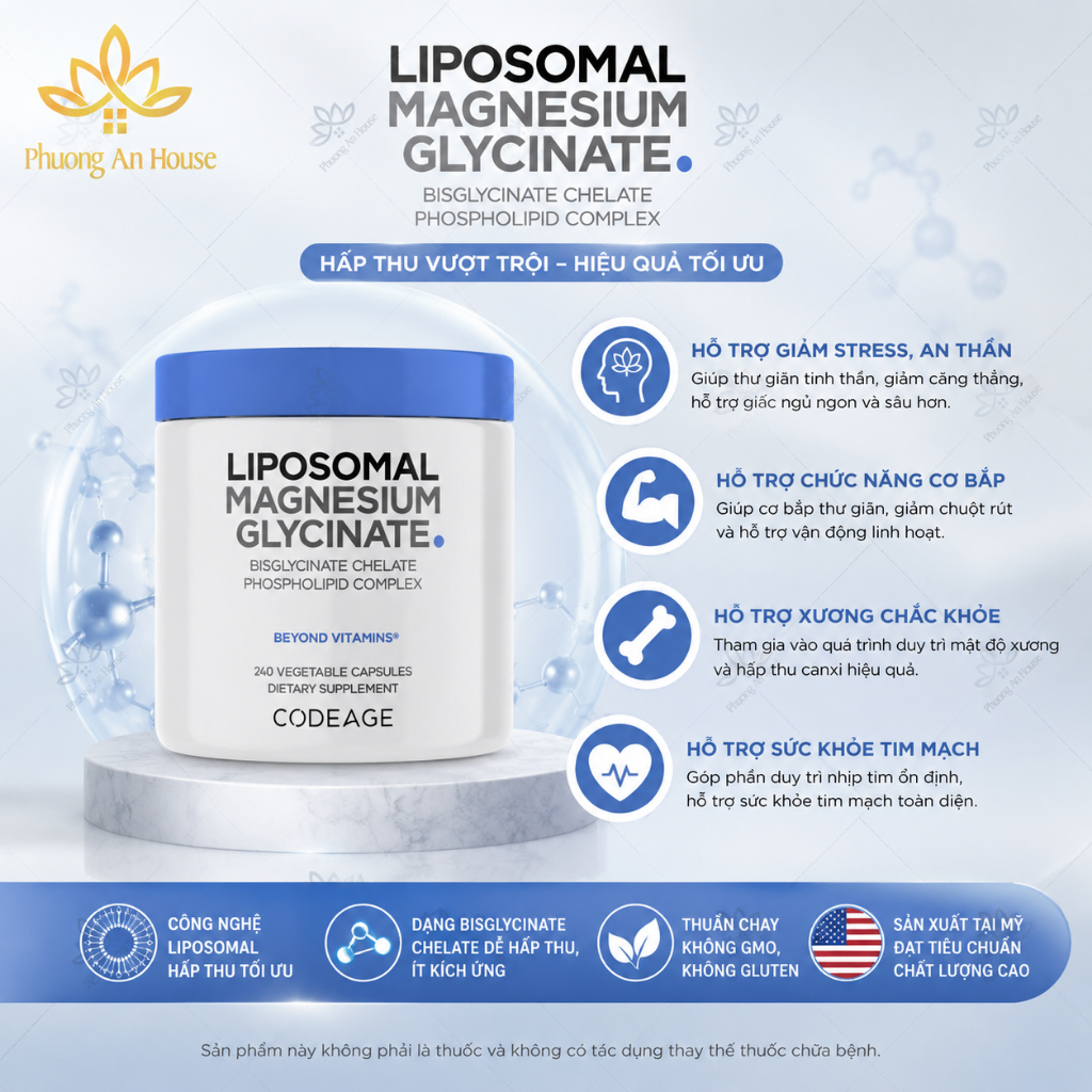 Viên bổ sung Magie sinh học hấp thụ tối đa Codeage Liposomal Magnesium Glycinate 240 viên