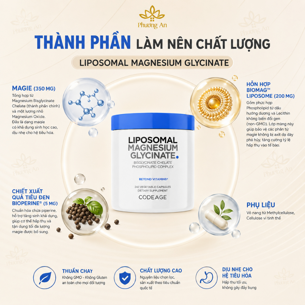 Viên bổ sung Magie sinh học hấp thụ tối đa Codeage Liposomal Magnesium Glycinate 240 viên