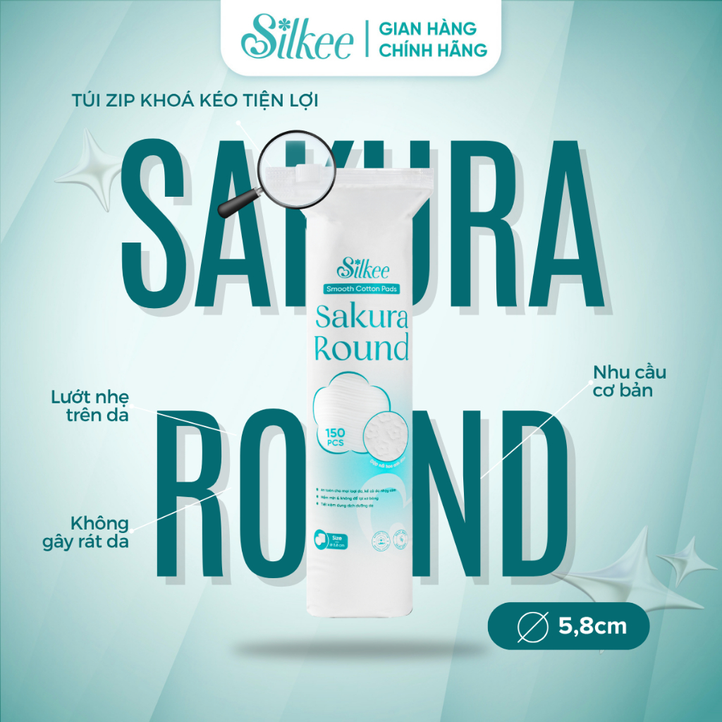 Bông tẩy trang Silkee Sakura Round 150 Miếng Tròn - Cotton Mềm Mịn, Không Xơ Bông