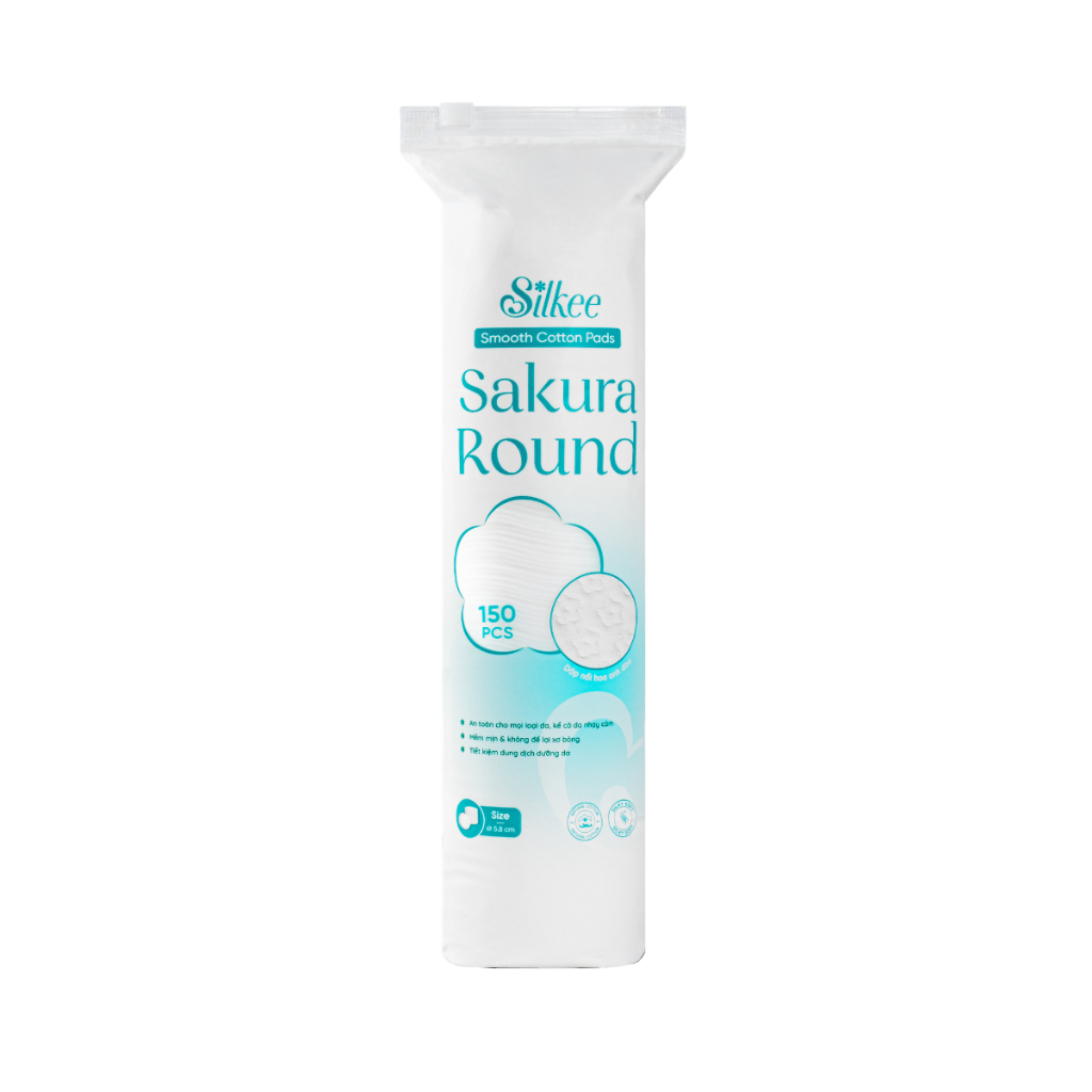 Bông tẩy trang Silkee Sakura Round 150 Miếng Tròn - Cotton Mềm Mịn, Không Xơ Bông