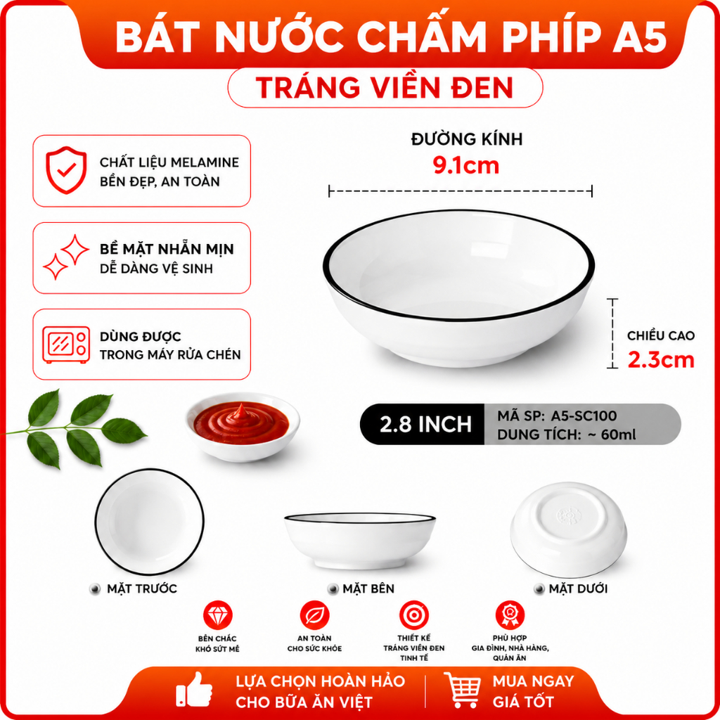Bát Nước Chấm Phíp ( Melamine A5 )  Trắng Viền Đen – Phong Cách Bắc Âu Cổ Điển Sang Trọng  3735A100