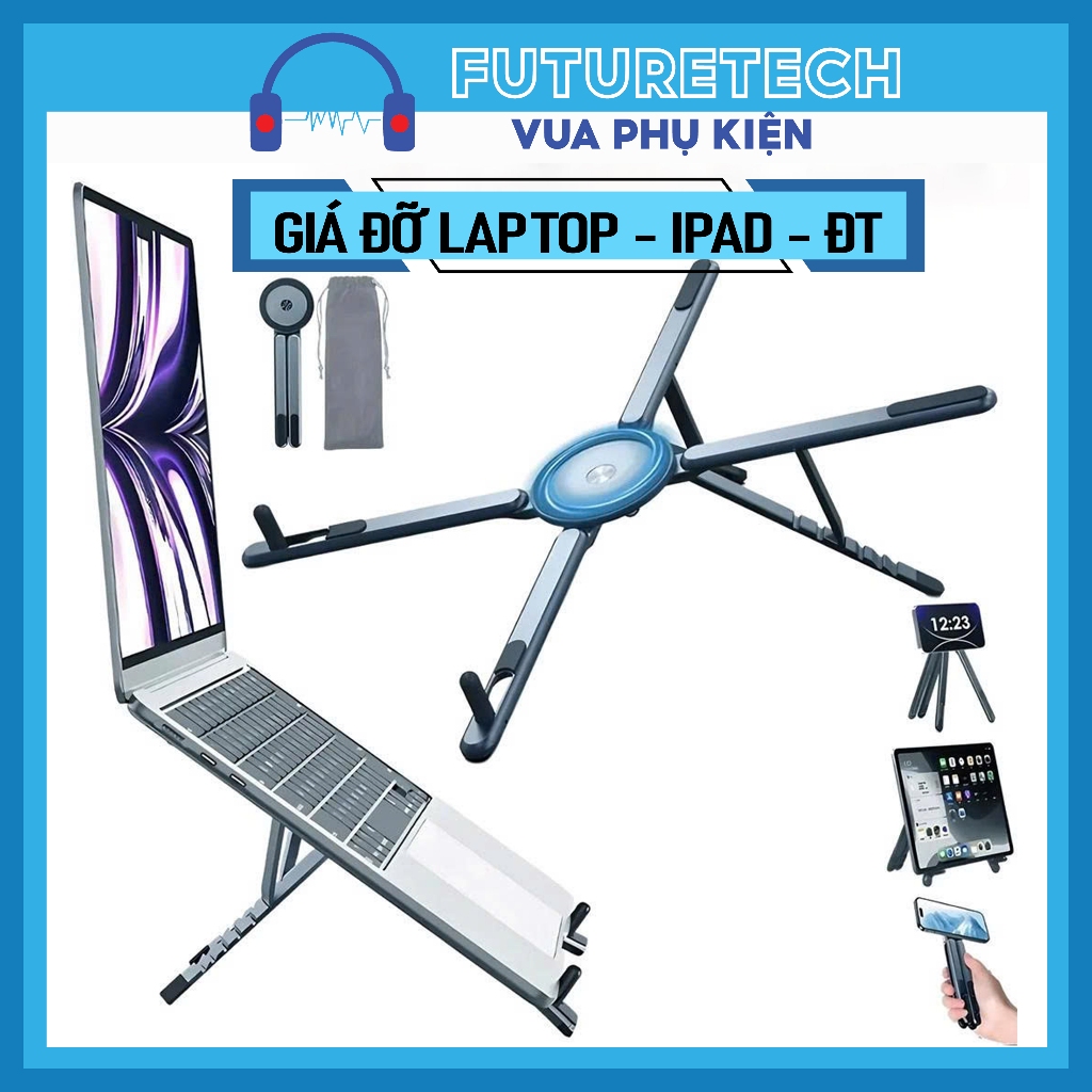 Giá đỡ laptop, điện thoại, ipad đa năng 4 trong 1, giá từ tính bằng kim loại có thể gấp gọn an toàn