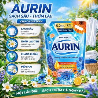 [Túi 5.2kg] Nước Giặt Xả Cao Cấp AURIN Siêu Tiết Kiệm - Hương Tinh Dầu Thiên Nhiên Dịu Nhẹ Làm Sạch Tốt Bền Màu Lưu Hươn