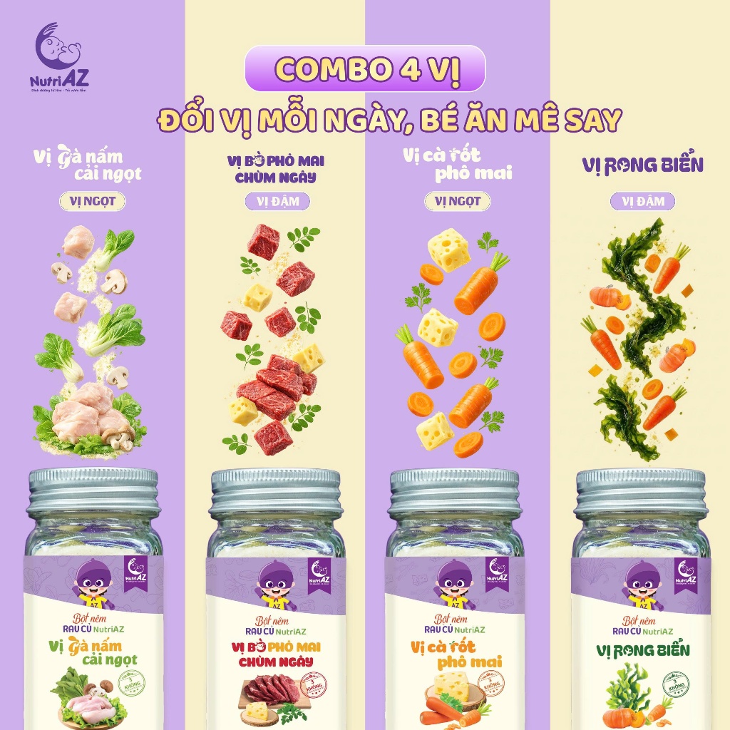 Hạt Nêm Cho Bé Ăn Dặm NutriAZ, Gia Vị Ăn Dặm Rau Củ An Toàn Cho Bé Từ 6 Tháng Tuổi, Không Muối