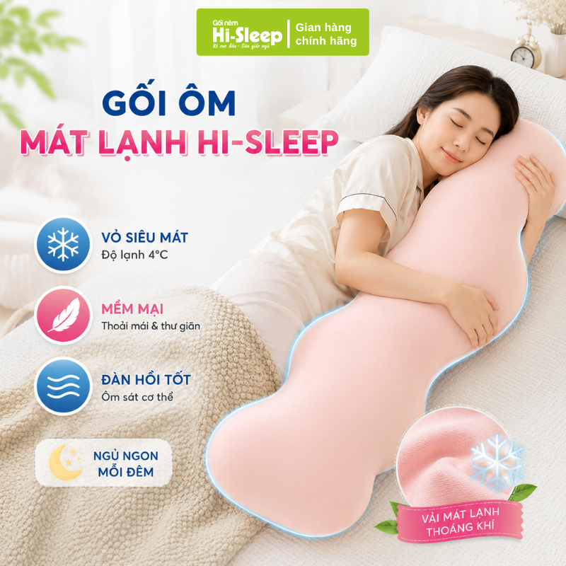 Gối ôm mát lạnh Hi-Sleep 35x100 cho người lớn, gối ôm cao cấp công thái học, vỏ lụa băng thoáng khí