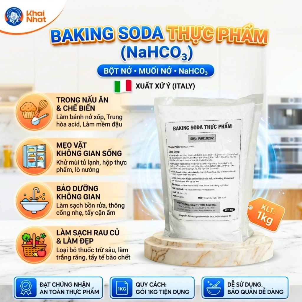 Baking Soda EU (NaHCO3) Khai Nhật - Tăng Kiềm Ao Nuôi, Xử Lý Nước, Cọ Rửa Vệ Sinh (Gói 1kg)