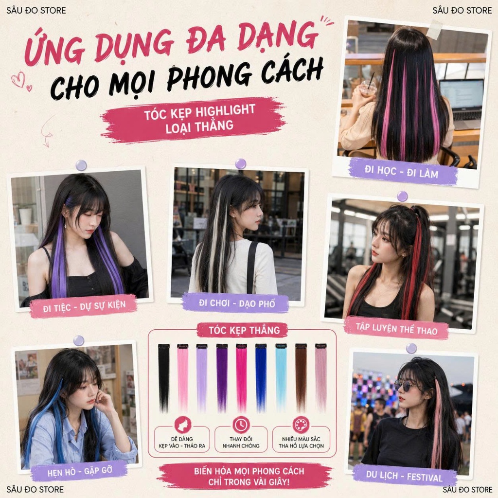 Tóc Giả Kẹp Highlight Nhiều Màu – Tóc Kẹp Light Không Cần Nhuộm Siêu Xinh, Dễ Gắn, Giá Rẻ
