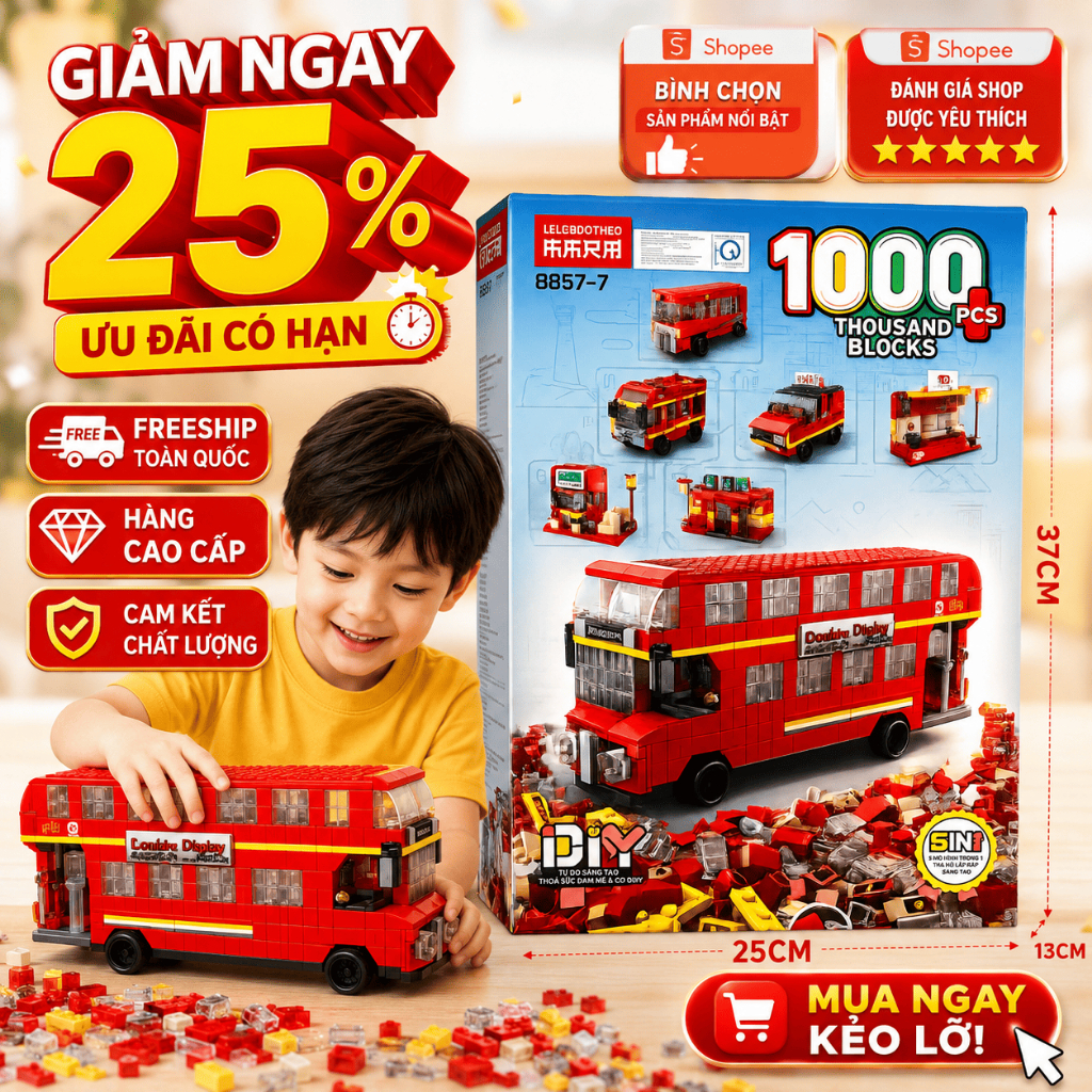 Bộ Đồ Chơi Lắp Ráp Xe Buýt 2 Tầng London 1000 Chi Tiết 6in1 - Mô Hình Xe Bus Xây Dựng Sáng Tạo
