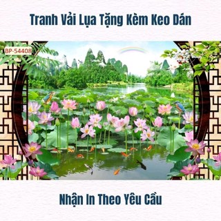 Tranh hoa sen, tranh hồ sen, tranh phong cảnh 3D dán tường in trên chất liệu vải lụa (shop tặng kèm keo dán)