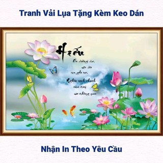 Tranh hoa sen dán tường phòng thờ, phòng khách, phòng làm việc, tranh in trên chất liệu vải lụa (shop tặng kèm keo dán)