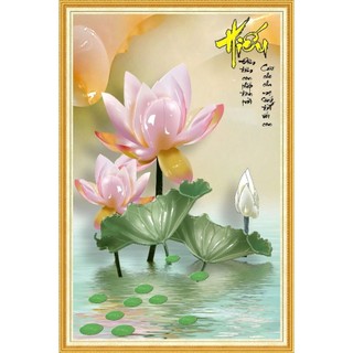 Tranh 3D hoa sen dán tường phòng thờ, phòng khách, phòng làm việc, tranh in trên chất liệu vải lụa (tặng kèm keo dán)