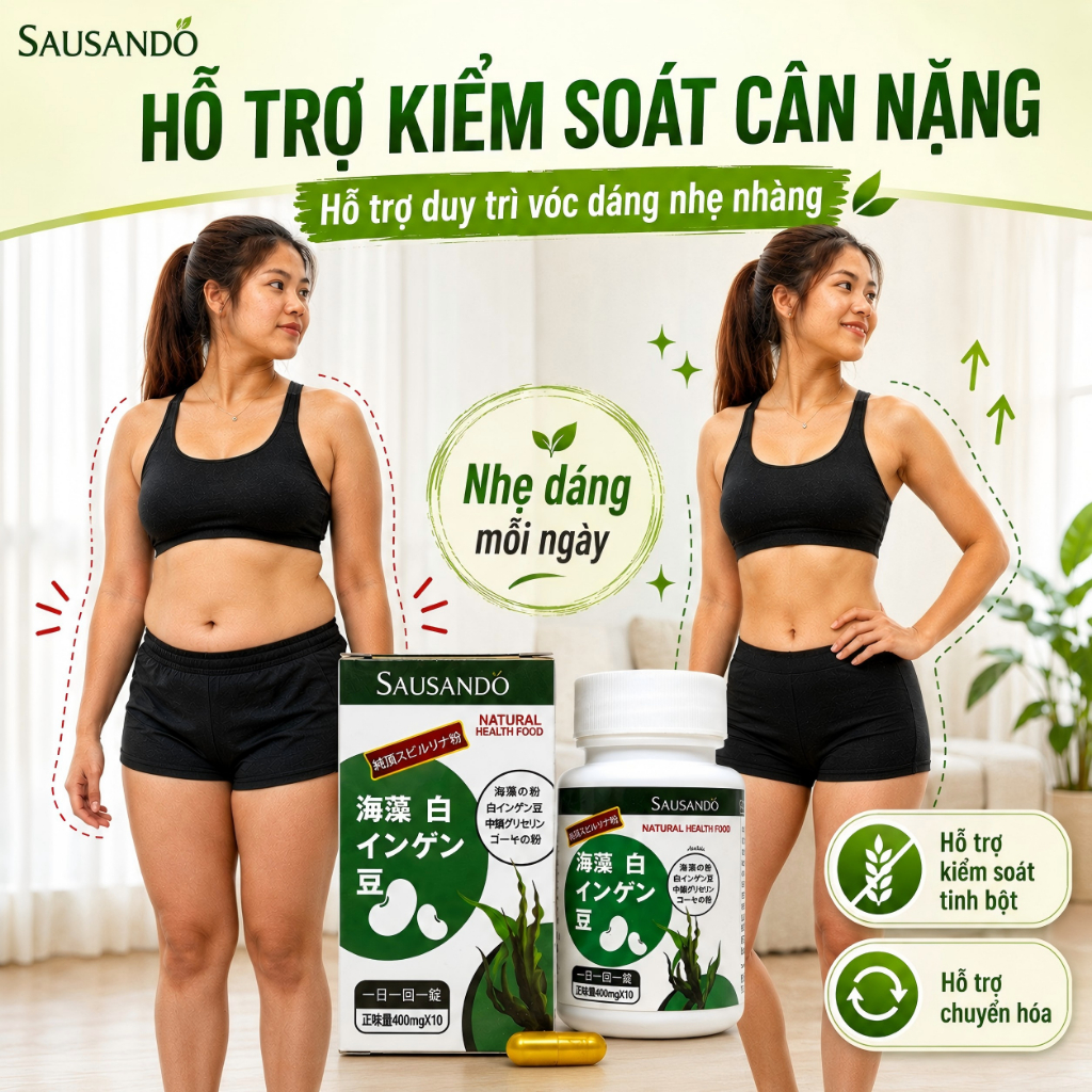 SAUSANDO Viên chặn tinh bột đậu trắng tảo biển, ăn uống không sợ béo, hỗ trợ quản lý cân nặng 10 viên
