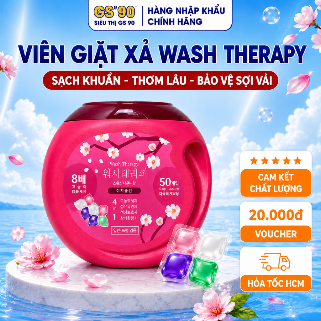 [MUA 2 TẶNG 1] Viên Giặt Xả Wash Therapy 4in1 50 Viên, Giặt Sạch Thơm Lâu, Bảo Vệ Sợi Vải, Đậm Đặc Tiện Lợi