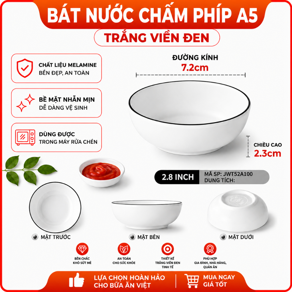 Bát Nước Chấm Phíp ( Melamine A5 )  Trắng Viền Đen – Phong Cách Bắc Âu Cổ Điển Sang Trọng  52A100