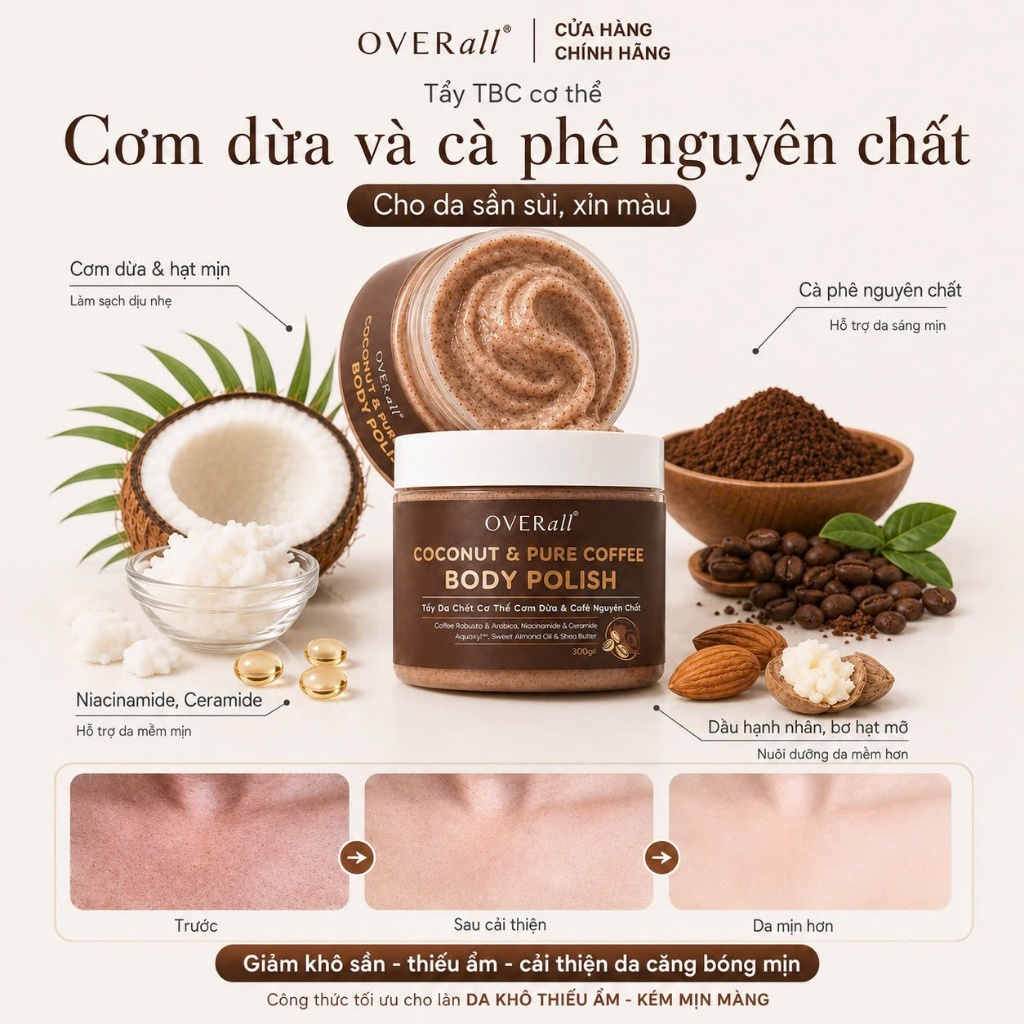 Tẩy Da Chết Body Cơm Dừa & Cà Phê Nguyên Chất Phù Hợp Da Khô Thiếu Ẩm Mịn Mướt Đều Màu OVERall 300ml