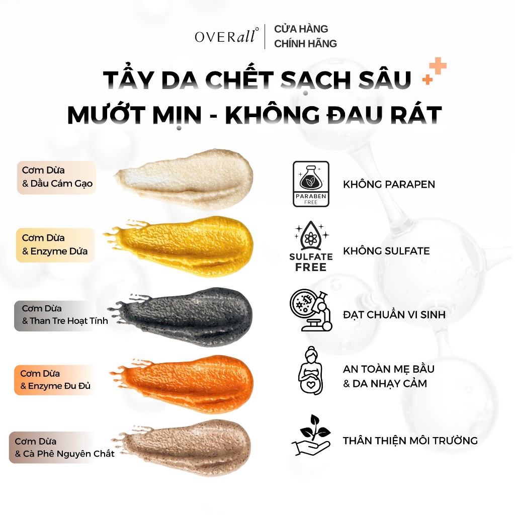 [OVR_01] Tẩy Da Chết Cơ Thể Cơm Dừa OVERall 300g Sáng da Mờ Thâm An toàn Giảm Mụn Viêm lỗ chân lông