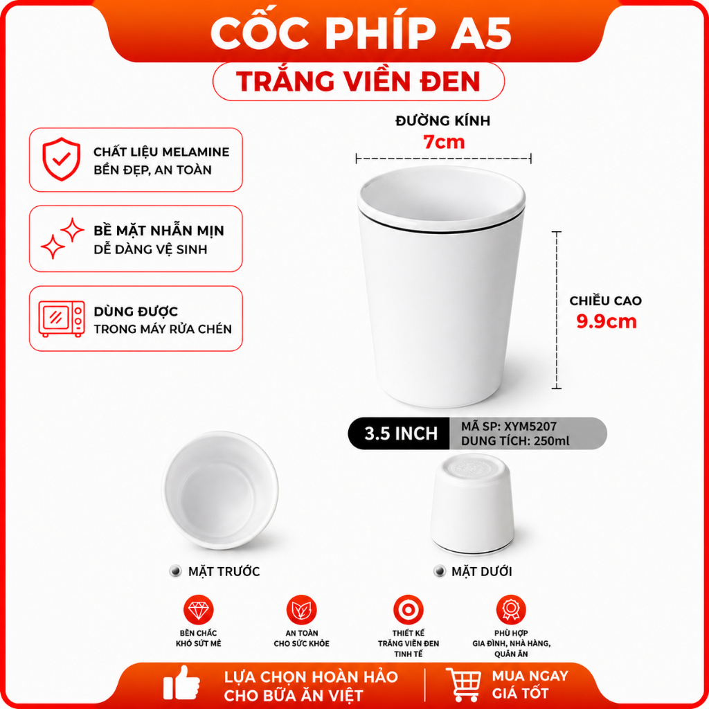 Cốc Uống Nước Phíp ( Melamine A5 )  Trắng Viền Đen – Phong Cách Bắc Âu Cổ Điển Sang Trọng  5207