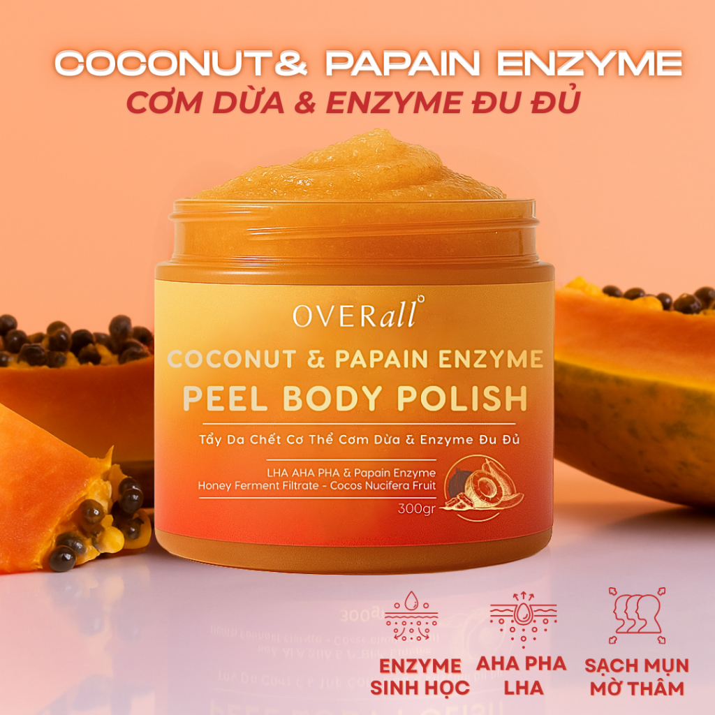 [OVR_02] Tẩy Da Chết Cơ Thể Cơm Dừa & Enzyme Đu Đủ OVERall 300ml Giảm Mụn Viêm lỗ chân lông, Mờ Thâm