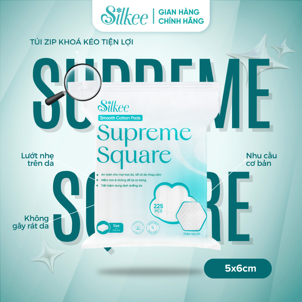 Bông tẩy trang Silkee Supreme Square 225 Miếng Vuông - Cotton Mềm Mịn, Không Xơ Bông