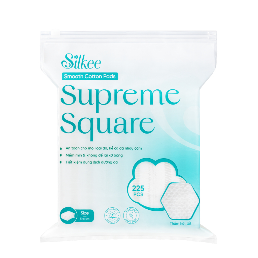 Bông tẩy trang Silkee Supreme Square 225 Miếng Vuông - Cotton Mềm Mịn, Không Xơ Bông