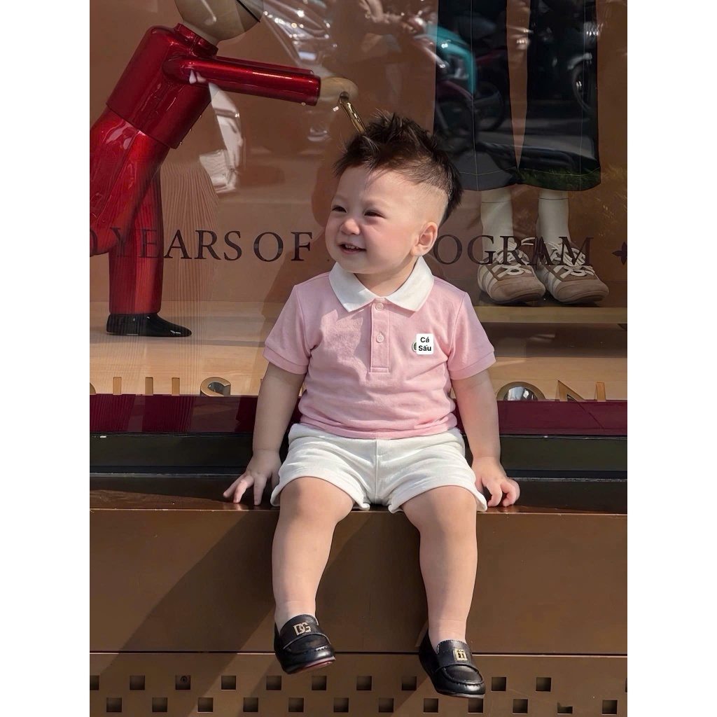 Set Đồ Bé Trai Áo Polo Hồng Cổ Trắng+Quần Short Trắng,Bộ Quần Áo Bé Trai Mùa Hè Cotton 7-16kg A38