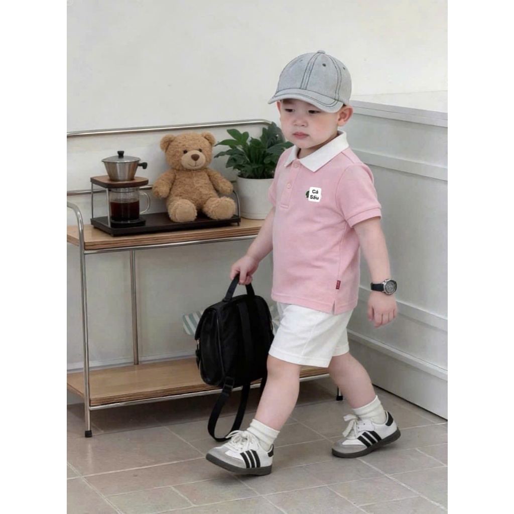 Set Đồ Bé Trai Áo Polo Hồng Cổ Trắng+Quần Short Trắng,Bộ Quần Áo Bé Trai Mùa Hè Cotton 7-16kg A38