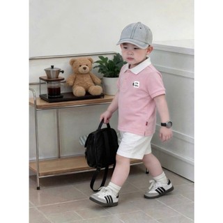 Bộ Quần Áo Bé Trai Mùa Hè Cotton,Set Đồ Bé Trai Áo Polo Hồng Cổ Trắng+Quần Short Trắng 7-16kg A38