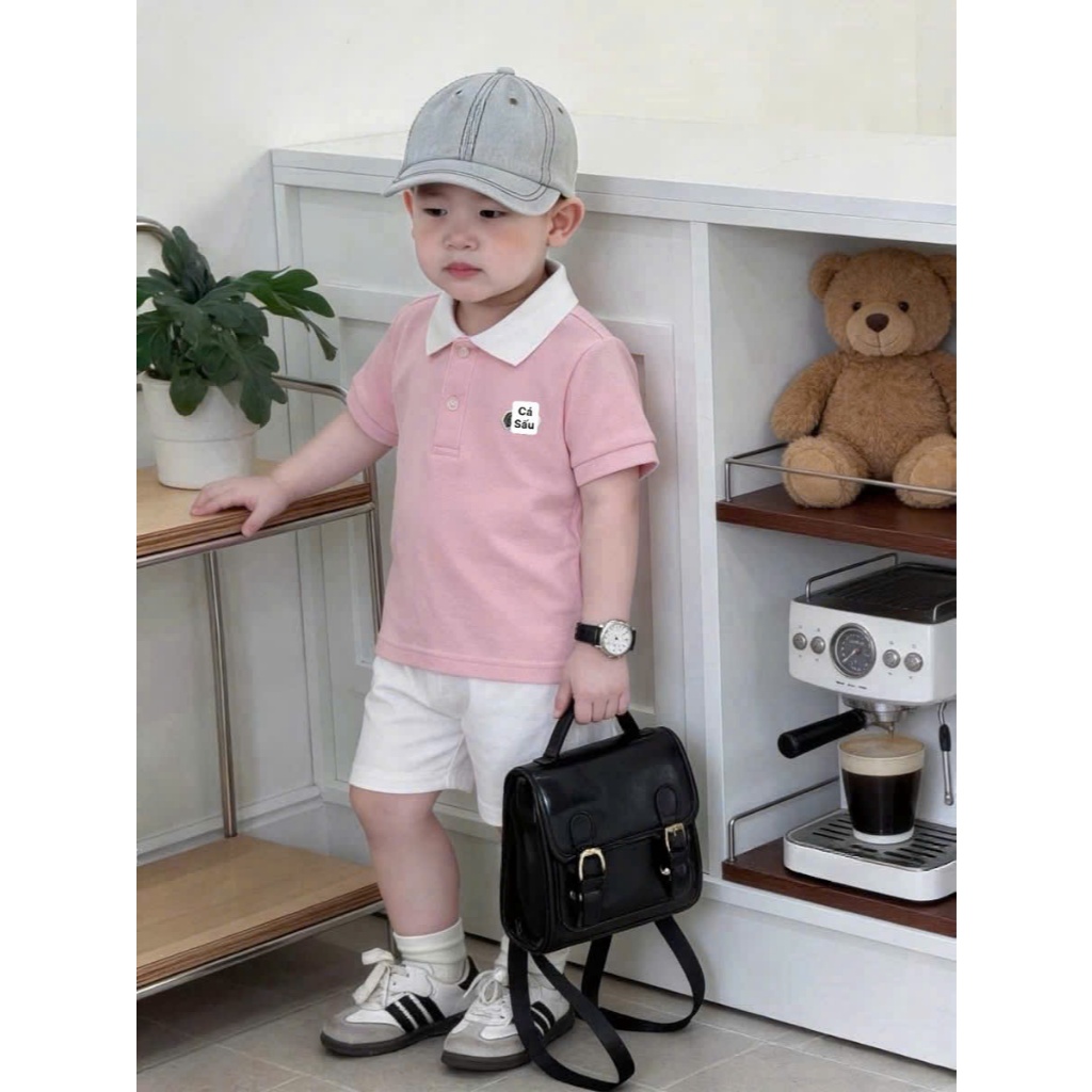 Set Đồ Bé Trai Áo Polo Hồng Cổ Trắng+Quần Short Trắng,Bộ Quần Áo Bé Trai Mùa Hè Cotton 7-16kg A38