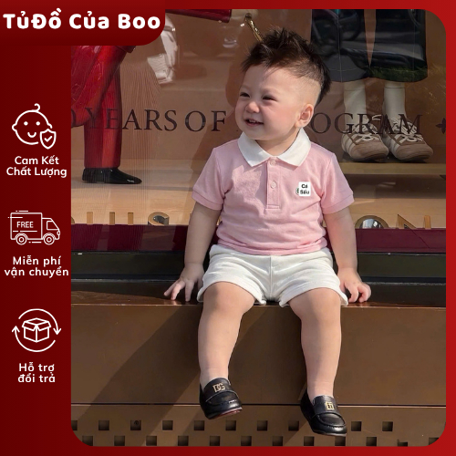 Set Đồ Bé Trai Áo Polo Hồng Cổ Trắng+Quần Short Trắng,Bộ Quần Áo Bé Trai Mùa Hè Cotton 7-16kg A38