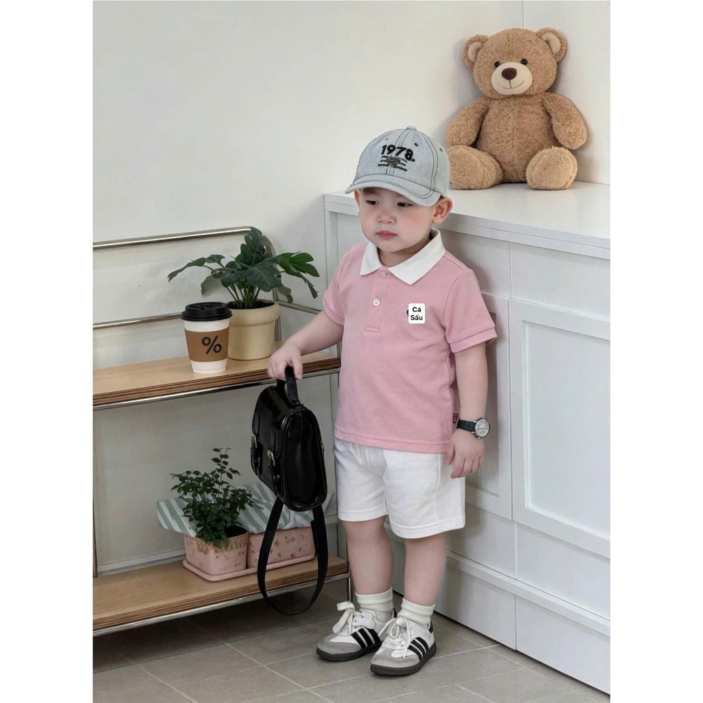 Set Đồ Bé Trai Áo Polo Hồng Cổ Trắng+Quần Short Trắng,Bộ Quần Áo Bé Trai Mùa Hè Cotton 7-16kg A38