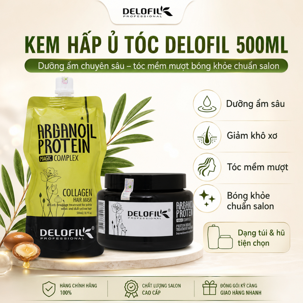 Kem Hấp Ủ Tóc DELOFIL 500ml | Dưỡng Ẩm Chuyên Sâu, Tóc Mềm Mượt Bóng Khỏe Chuẩn Salon
