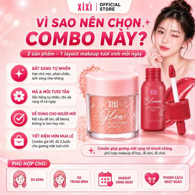 XIXI Combo Phấn Bắt Sáng Glow + Lip Tint Má Hồng Tự Nhiên Makeup Hằng Ngày D726+D514