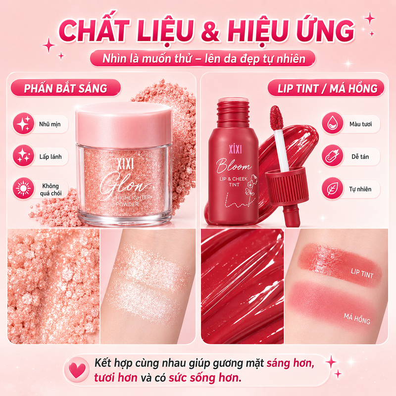 XIXI Combo Phấn Bắt Sáng Glow + Lip Tint Má Hồng Tự Nhiên Makeup Hằng Ngày D726+D514