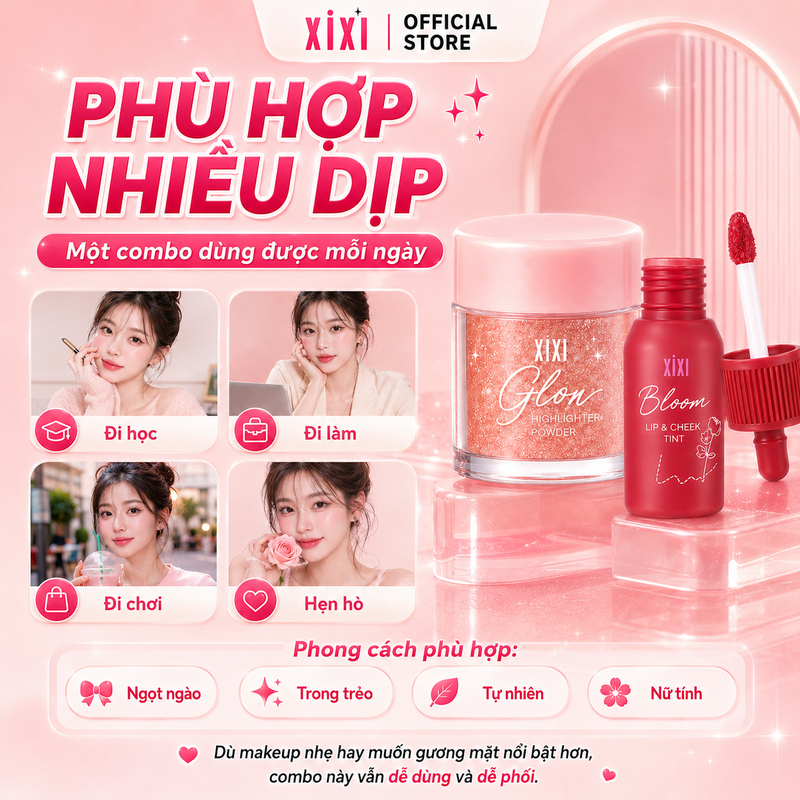 XIXI Combo Phấn Bắt Sáng Glow + Lip Tint Má Hồng Tự Nhiên Makeup Hằng Ngày D726+D514