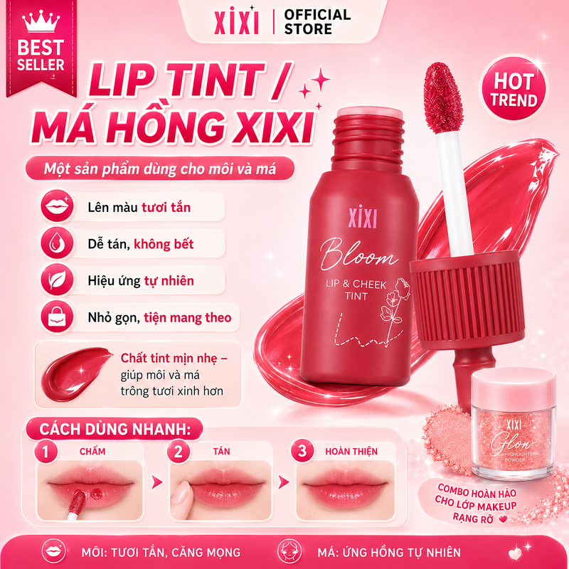 XIXI Combo Phấn Bắt Sáng Glow + Lip Tint Má Hồng Tự Nhiên Makeup Hằng Ngày D726+D514