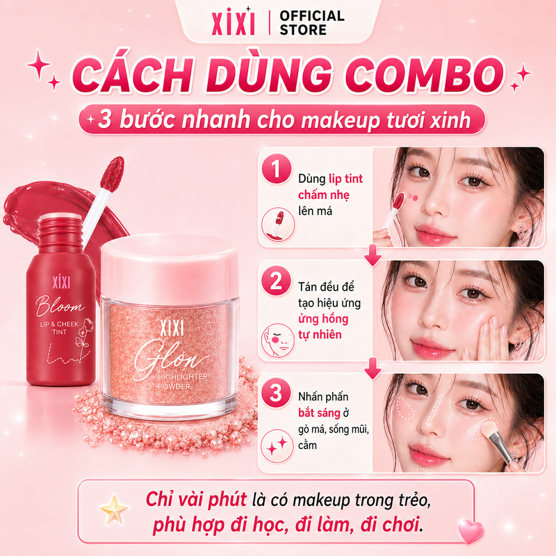 XIXI Combo Phấn Bắt Sáng Glow + Lip Tint Má Hồng Tự Nhiên Makeup Hằng Ngày D726+D514