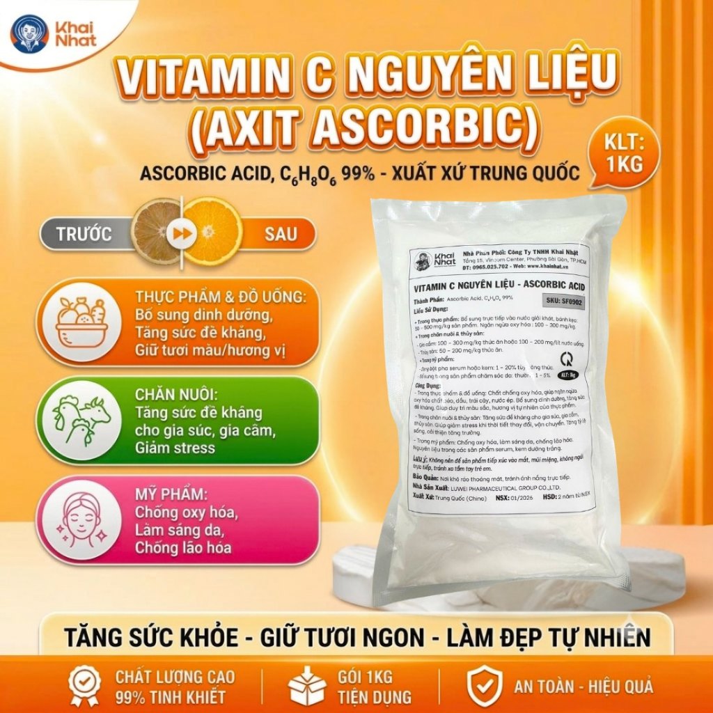 Khai Nhật Bột Vitamin C Nguyên liệu Ascorbic Acid C6H8O6 99% Tạo độ chua thực phẩm, tăng sức đề kháng (Gói 1kg)