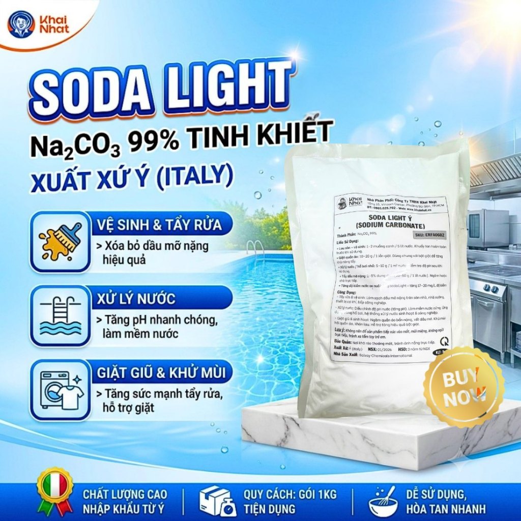 Bột Soda Ash Light  Ý- Na2CO3 99% -Tăng pH Hồ Bơi, Tẩy Rửa đa năng,(1kg/gói)