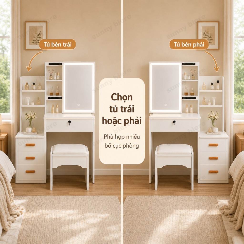 Bàn trang điểm có đèn LED 3 màu kèm ghế êm và tủ lưu trữ Gương có thể điều chỉnh vị trí 𝙎𝙐𝙉𝙉𝙔 𝘽𝙄𝙀𝙍𝙀
